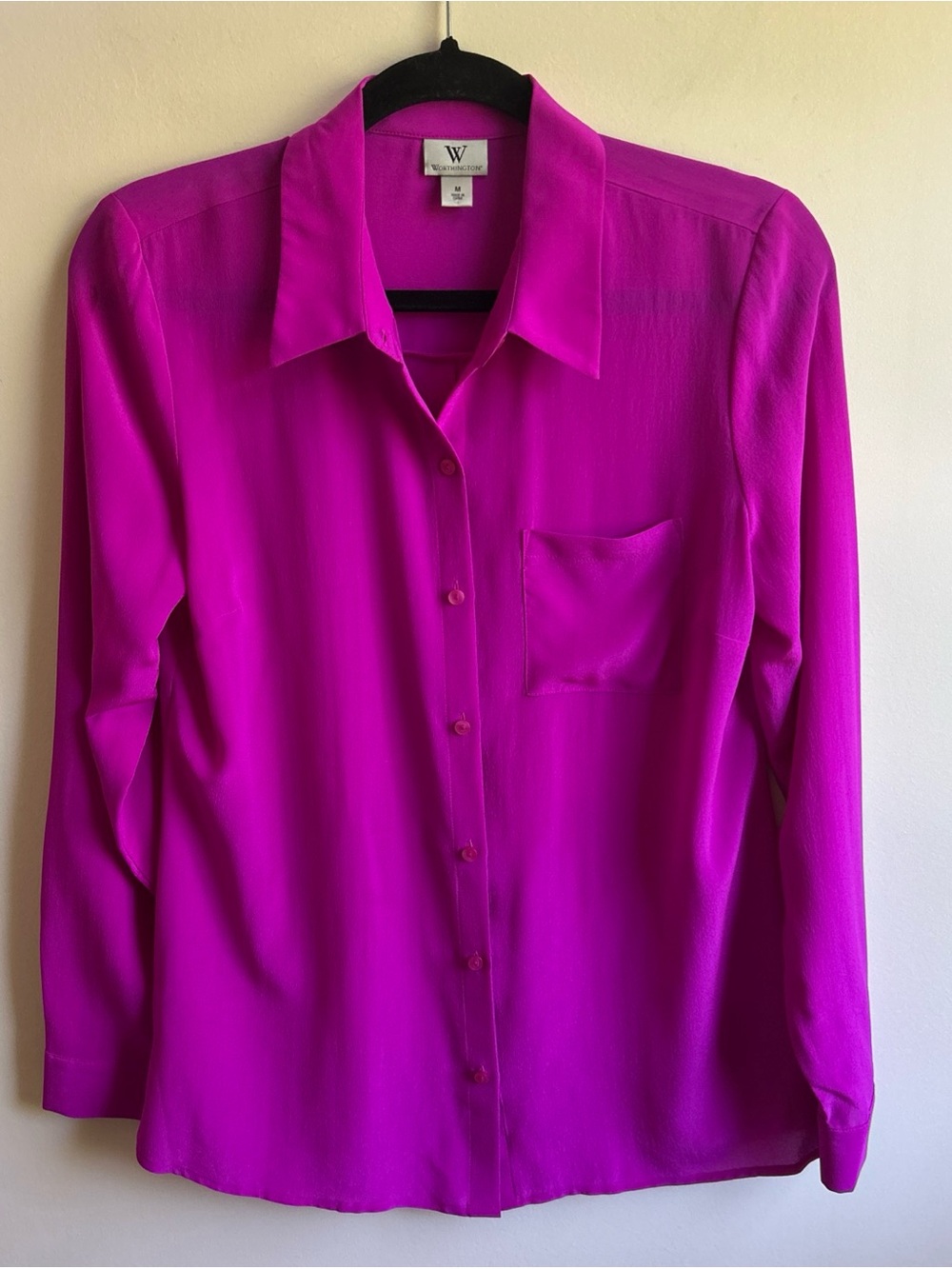 Women's Worthington Silk Fuchsia Button Down Lightweight Blouse Top 100% Silk M
